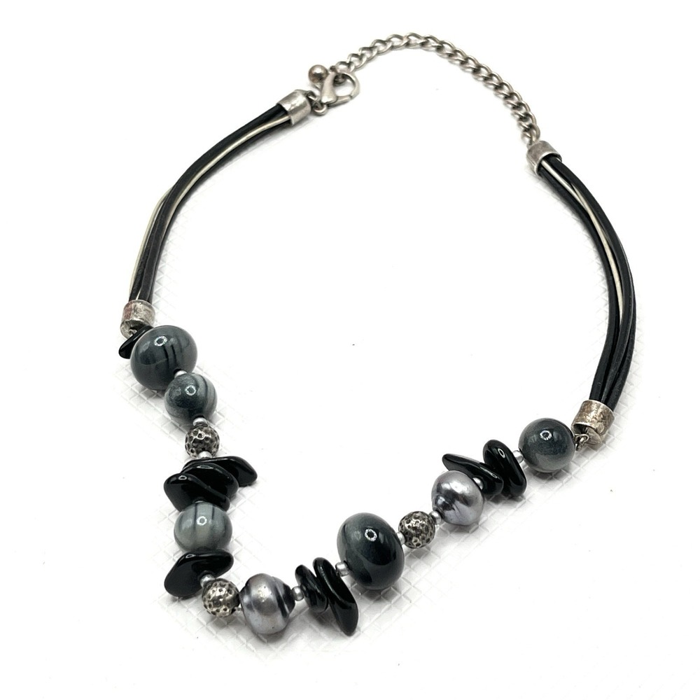 CHICO'S 18" Boho Necklace w/ Black & White Cords And Gray & Black Lucite Beads